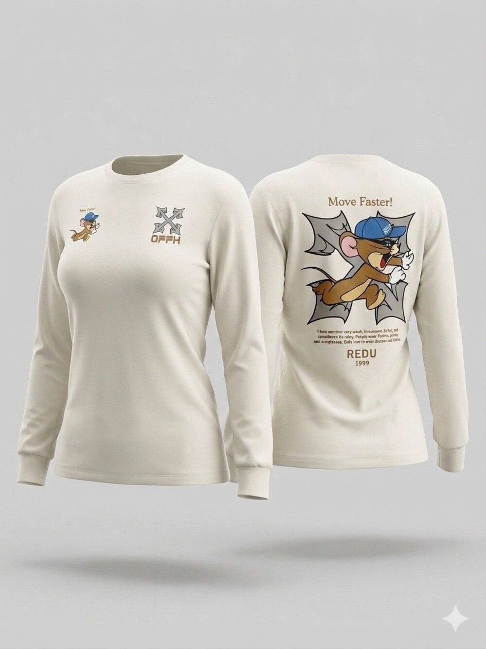 HOZZS Women's Large White Long Sleeve Graphic Shirt Cartoon Mouse Move Faster L